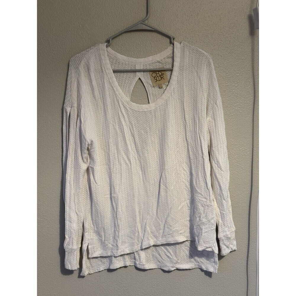 Chaser Waffle Knit Thermal Raw Edge Boho Top Small bohochic neutral minimalist